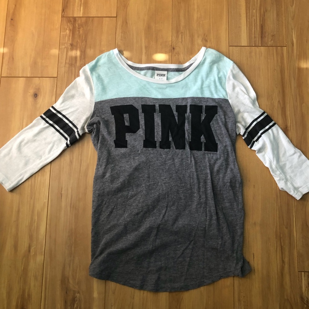 PINK 3/4 Sleeve Shirt in Light Blue and Gray